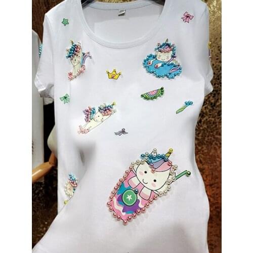 Plus size 9XL!Heavy industry beaded cute cotton t-shirt women full body pattern cartoon children adult top tees
