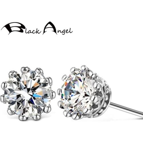 BLACK ANGEL 2021 New Shiny Luxury White Crystal Created Moissanit 925 Sterling Silver Crown Stud Earrings For Women Jewelry Gift