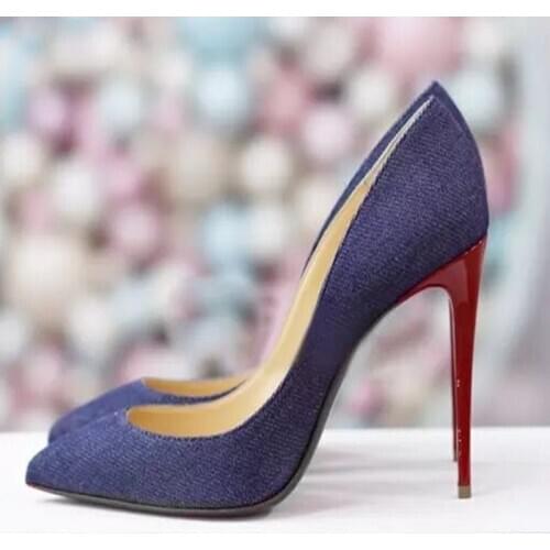 Blue Denim Jean Stiletto Heels Pumps 12CM 10CM 8CM Red Heels Shallow Dress Shoes Pointed Toe Patchwork Dress Shoes Drop Ship