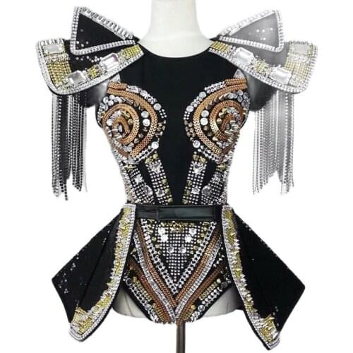 Sexy Stage Flashing Silver Black Sequins Rivets Fringes Big Shoulders Leotard Skirt Dancer Outfit Stage Performance Bodysuit