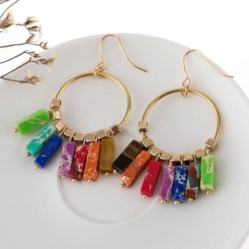 Vintage Seven Chakra Colorful Natural Stone Beads Earrings Sector Shape Pendant Drop Women Bohemian Earring Female Jewelry