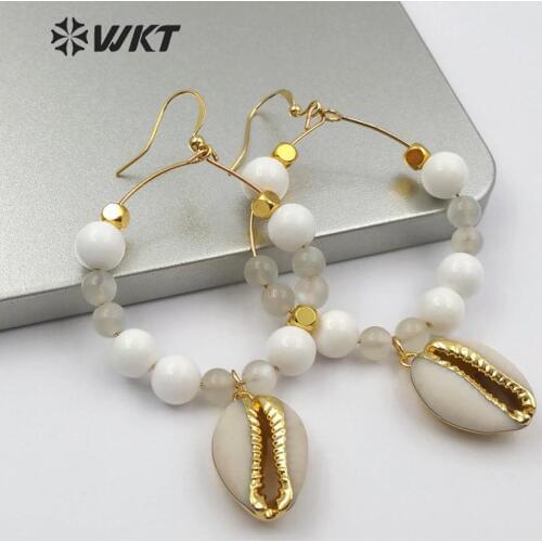 WT-E540 Beads Dangling Earring Cowrie Pendant With Multi Color Beads Charm For Women Fashion Earring Gem-stones Boho Earring