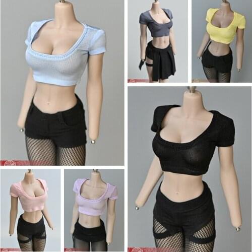 1:6 Scale Female T-shirt Model Toys Wide Collar Short Top Fashion Women Clothes Fit 12'' Action Figure Body Doll Best Sell