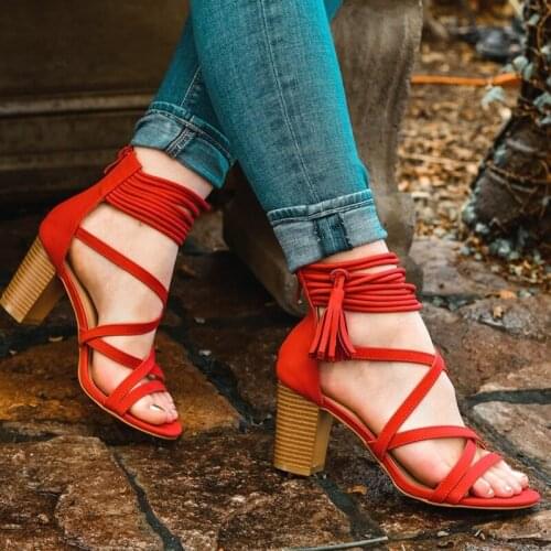 Women Summer Shoes 2020 High Heels Sandals Ankle Wrap Ladies Sandals Sexy Chunky Block Heel Shoes Black Beige Red Big Size 44 45