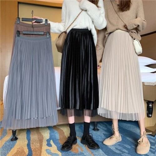 Womens Vintage Clothes Long Skirts Black Harajuku High Waist Streetwear 2021 fall winter Fashion Elastic Preppy Style Midi Skirt