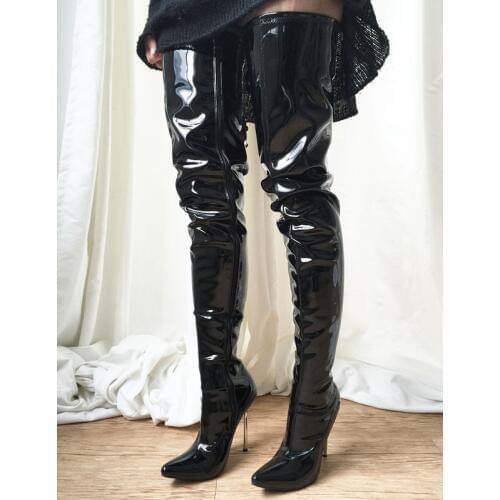 Black Shiny Thigh High Boots Women 12Cm Stilettos Metal High Heels Pointy Toes Shoes Woman Sexy Fetish High Heels 2019