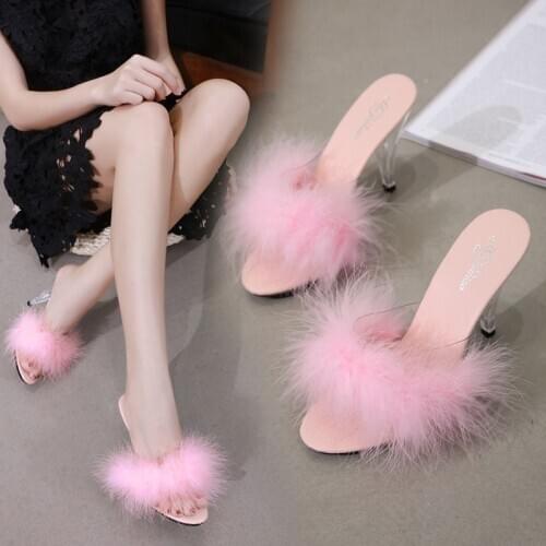 Plus Size 34-43 44 45 Newest hairy Faux Fur Woman Slippers Sexy Transparent Crystal Heel Sandals Fashion Summer High Heel Mules
