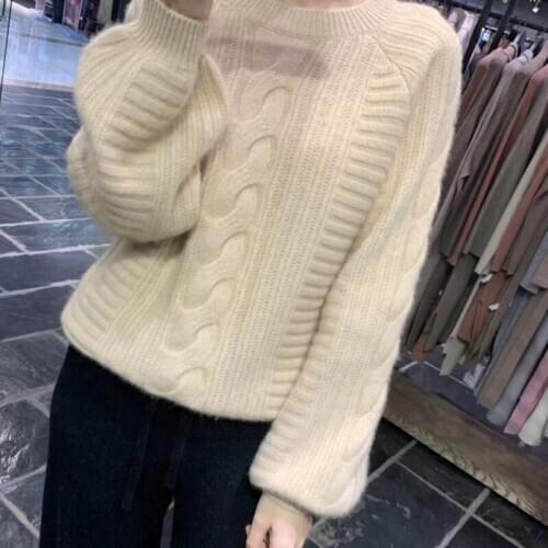 Round neck sweater women 2020 new winter lantern sleeve wool sweater oversized warm knitted pullover cashmere top Hot sale