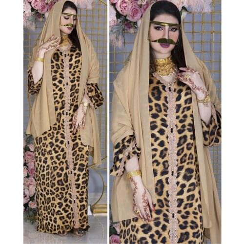 Ramadan Eid Mubarak Jalabiya Leopard Print Maxi Dress Women 2021 Lace Patchwork Loose Arabic Oman Dubai Muslim Islamic Clothing