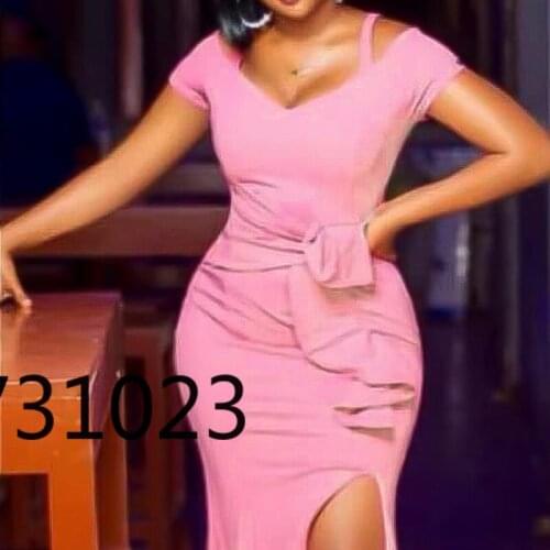 2021 Summer Fashion Style African Women Solid Color Short Sleeve V-neck Polyester Long Dress African Dresses for Women