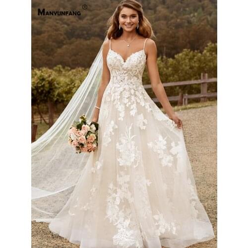 2021 Hot Sale Spaghetti Straps Embroidery Appliques Tulle Chapel Train Bridal Ball Gown Elegant Sweetheart Neck Wedding Dress