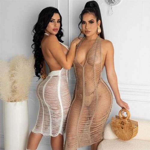 Sexy Crochet See-through Beach Dress Women V Neck Halter Sleeveless Swimsuit Cover Ups Backless Vacation Summer Dress Robe Femme