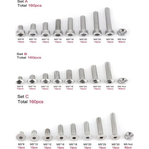 160pcs/set M5*8/18 Screws Bolts and Nuts Stainless Steel Hex Socke Screw Hex Nut Assortment Kit Fastener Hardware Cap Flat Head