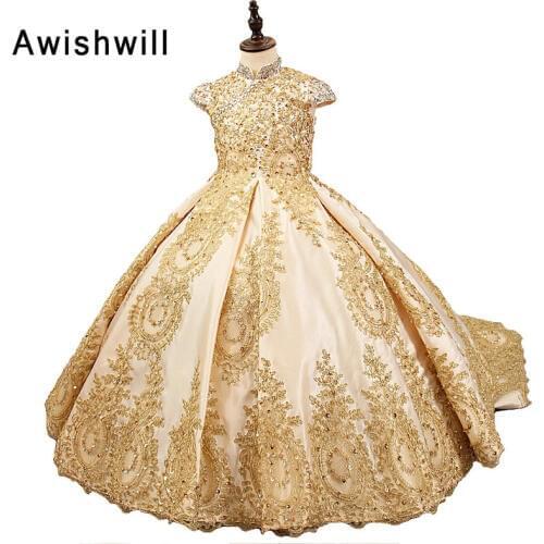 2020 Royal Flower Girl Dress for Weddings Satin Lace Beaded Ball Gown Girl Party Communion Dress Pageant Gown Gold Color