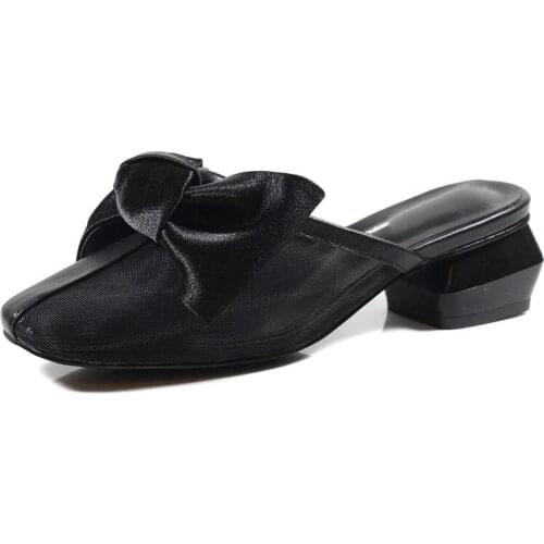 2021 New Summer Outdoor Slippers Leather Fashion Flip-flops Womens Shoes Middle Heel Netting Bow