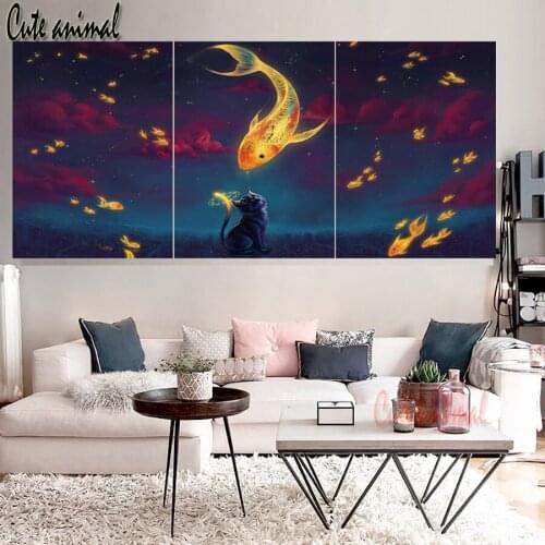 3 pieces diy diamond painting Cartoon Fish Cat Animal Triptych painting diamond embroidery Modern Decor Wall Pictures Mosaic