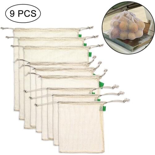 9pcs/set Premium Organic Cotton Mesh Produce Bags Reusable Washable Storage Drawstring Bag for Shopping, Grocery,Fruit Vegetable