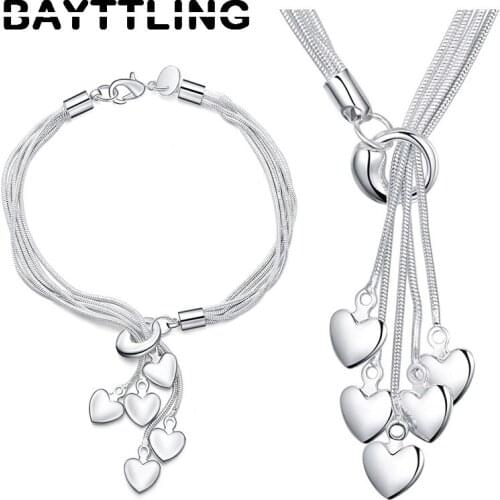BAYTTLING 925 Sterling Silver 18 Inch Heart Pendant Bracelet Necklace For Woman Fashion Jewelry Set Wedding Gift