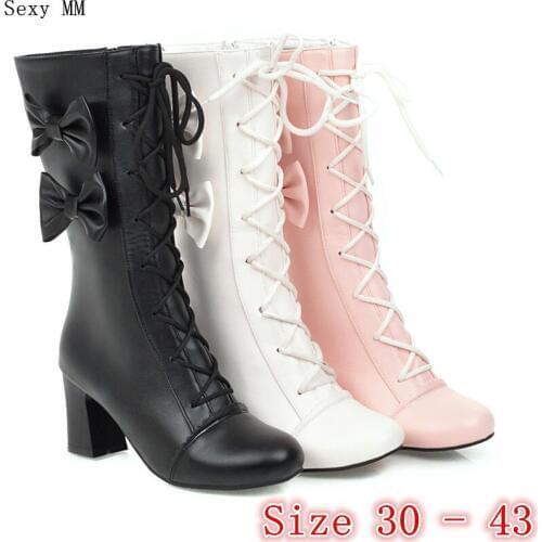 Spring Autumn Women Mid Calf Boots High Heel Woman Short Boots Shoes Small Plus Size 30 31 32 33 - 40 41 42 43 botas