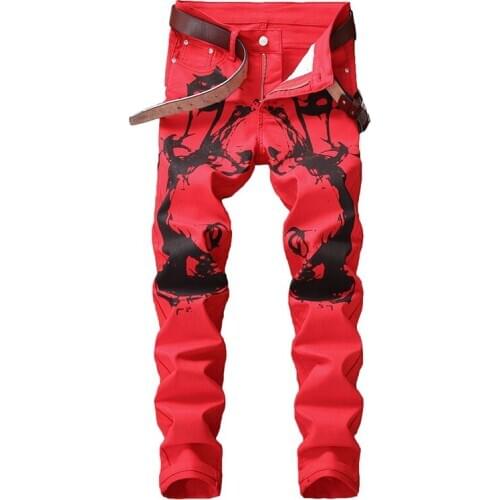 Fashion Mens Skinny Pencil Jeans Red Printed Slim fit Denim Pants Hip Hop Male Denim Joggers