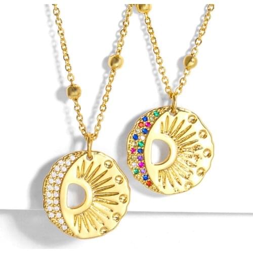 FLOLA Stone Star And Moon Necklace For Women Multicolor Round Crescent Pendant Necklace Gold Chain Trendy Jewelry Gifts nkes64