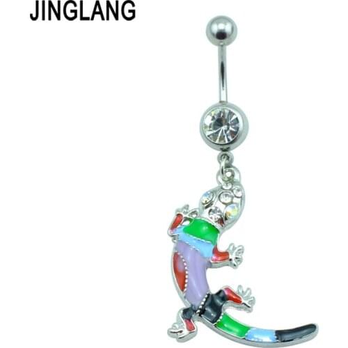 JINGLANG Fashion Belly Rings Colorful Oil Drop Rhinestone Gecko Surgical Steel Barbell Navel Body Piercing Jewelry