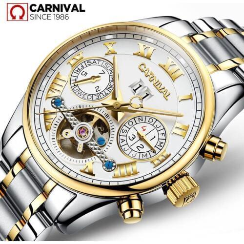 Carnival Mens Multifunction Tourbillon Holllow Dial Steel Watch Automatic Self-Wind Mechanical Watch relogio masculino 2019 New