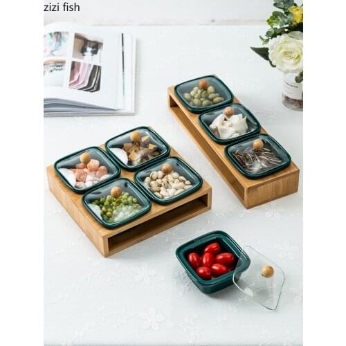 Creative Dark Green Square Ceramic Snack Platter with Transparent Glass Cover Household Compartment Candy Fruit Bowl Sauce Dish