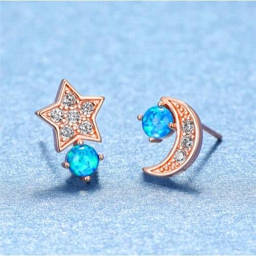 Cute Star Moon Small Wedding Earrings Minimalist Female White Blue Opal Earrings Rose Gold Silver Color Stud Earrings For Women