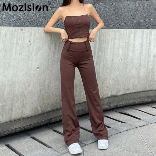 Mozision Two Piece Set For Women Brown Strapless Backless Top Straight Trousers Suit Femme Casual Slim Streetwear Pants Set