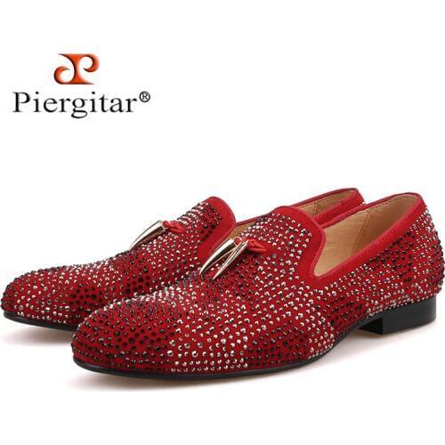 Piergitar red and black colors hadnmade men suede shoes with gold tassel and exquisite crystal wedding and party men loafers