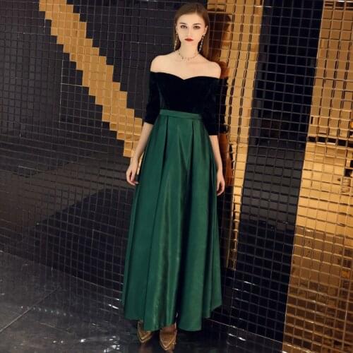 Special Occasion Dresses Vintage V-Neck Half Luxury Dark Green Satin Off The Shoulder A-Line Floor-Length Women Prom Gown E1045