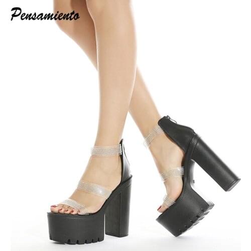 15cm high heels Platform Wedges Women Sandals Fashion Rhinestones Narrow band Thick Sole Summer Chunky Shoes Gladiator sandals