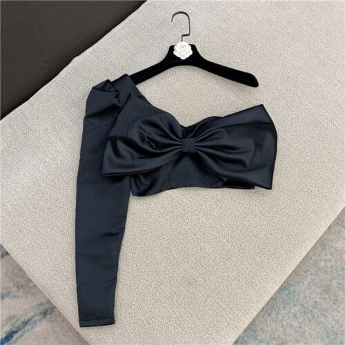 Sexy Crop Top for Women 2021 Spring Summer New Design Off Shoulder Bow Black Short Shirt Girls Ladies Party Blouses Blusas