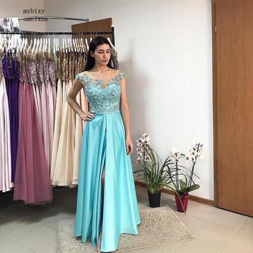 Light Blue Evening Dresses Cap Sleeves Appliques Floor Length Party Dress Front Split Special Occasion Evening Gowns 2020 New
