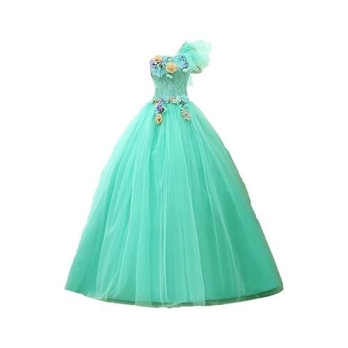 Light green singlde shoulder lace flower medieval dress sissi princess Medieval Renaissance Gown Victorian Belle ball