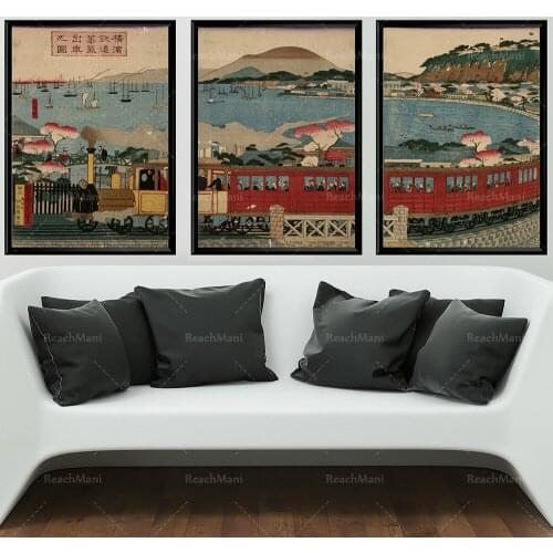 Ensemble rétro de 3 affiches de train antiques, triples imprimés japonais Vintage, voyage Ukiyoe de peinture japonaise