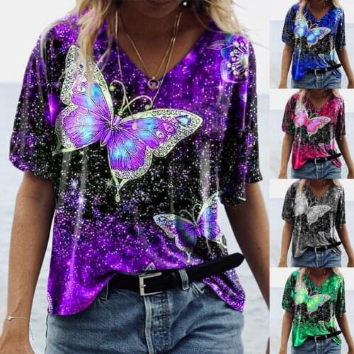 Women Fashion Butterflies Print Short Sleeve T-shirt Summer Women T-shirt Butterflies Print for Club