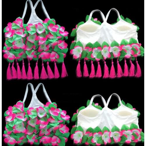 Women Lady Hawaii Flower Bra With Tassel Pendant Hula Dance Performance Accesories Summer Beach Tropical Party Halloween