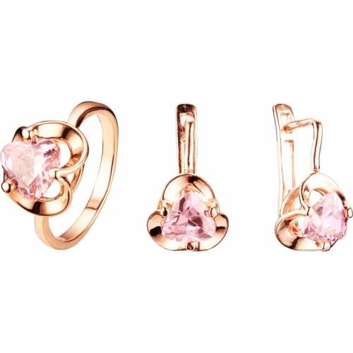 2021 New Fashion Korean Ring Jewelry Set Russian Gold Color Heart Shape Pink Stone Women Jewelry Accessories Girlfriend Gift