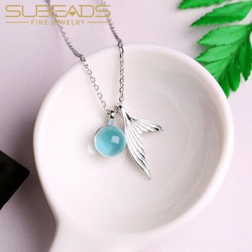 Subeads 925 Sterling Silver Mermaid Tear Pendants Necklace for Women Fashion Sea Mermaid Tail Pendant Necklace Choker Jewelry