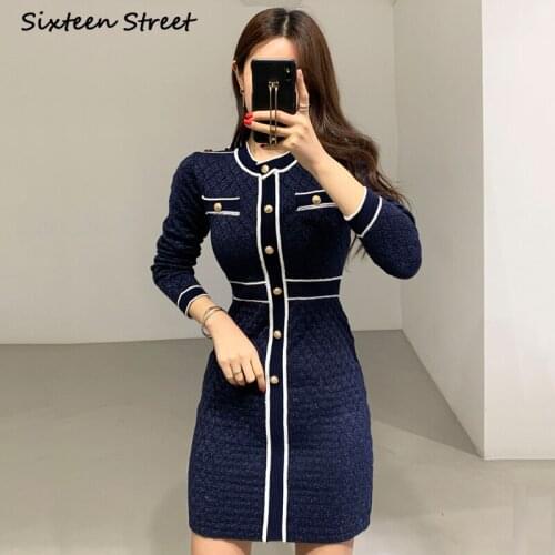 Dress for Women Korean Fashion Chic O Neck Chic Single Breasted Knitted Vintage Sexy Long Sleeve Dress Y2k Vestido De Mujer