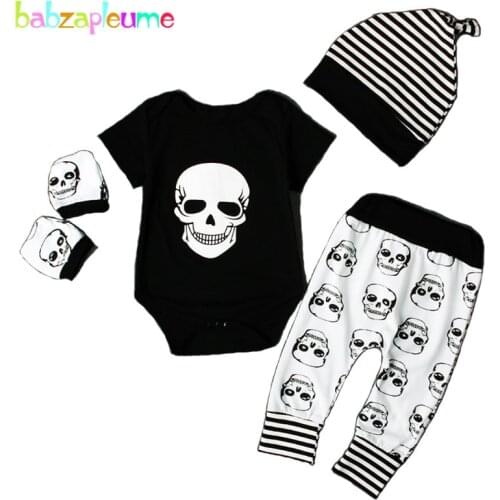 0-24M/Newborn Baby Kidswear Toddler Boys Clothes Skull Printed Short-Sleeve Infant Jumpsuits Pant Kids Romper 4pcs set Boys A273