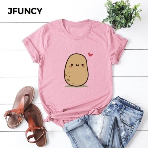 JFUNCY Cute Potato Print Tshirt Summer Plus Size Women T Shirt 100% Cotton Short Sleeve Woman Tee Tops Female T-Shirt