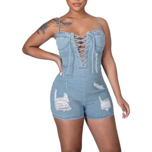 Hollow Out Ripped Jeans Bodysuit Women Plus Size Denim Skinny Shorts Jumpsuits Sexy Suspender Zipper Backless Street Romper