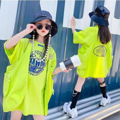 2021 Korea style girls 2 pcs set t-shirt+vest fashion summer girls suit 5-10t B256