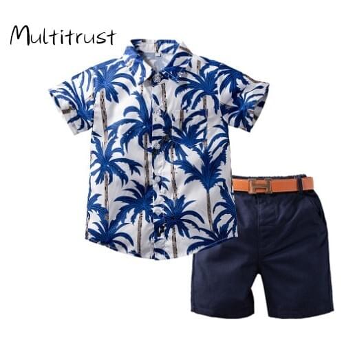 2020 Infant Baby Boys Summer Outfit Set Short Sleeve Button Shirt + Belt Short Pants + Waist Band Suits 2pcs Hawaiian Style