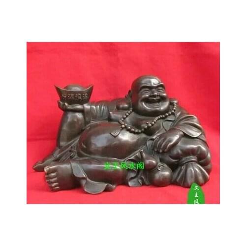 King lying open light copper ingots bronze statue of Maitreya Buddha sack monk Feng Shui Decoration 41cm