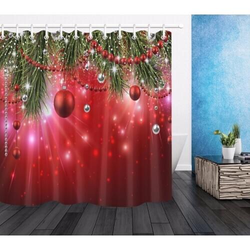 LB Green Fir Leaves & Red Christmas Ball Shower Curtain Bathroom Mildew Resistant Waterproof Polyester Fabric for Bathtub Decor