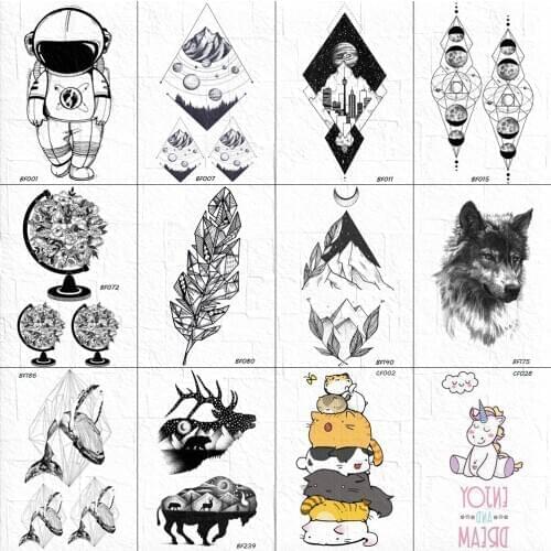 Mens Fashion Small Wolf Tattoo Stickers Body Arm Women Tattoos Temporary Black Fake Geometric City Tatoo Self Adhesive Xmas